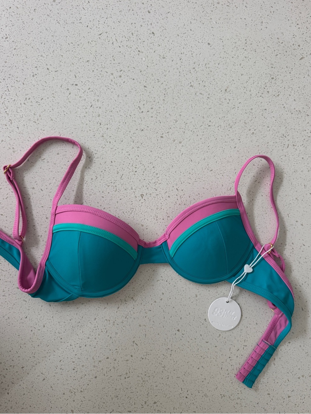 93 Play Street Sadie Colorblock Bikini Top in Teal and Pink Retrowave